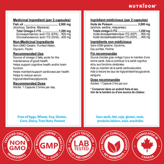 Nutridom Omega 1200（rTG Omega 3）鱼油，EPA，DHA，120 粒软胶囊 - 6 包