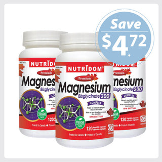 Nutridom Magnesium Bisglycinate, 200 mg, 120 Veggie Capsules - 3 PACK