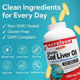 Nutridom Atlantic Cod Liver Oil (with EPA,DHA, Vitamin A&D), 1000mg, 240 Softgels