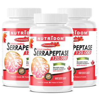 Nutridom Serrapeptase 120,000 SPU, 60 mg, 60 Veggie Capsules - 3 PACK