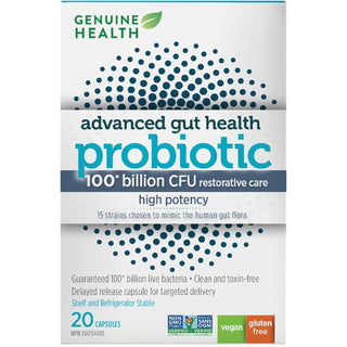 Genuine Health, Advanced Gut Health Probiotic 100 Billion CFU High Potency, 20 Vegan Capsules - CAFORIA.CA