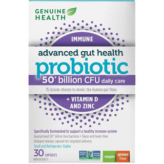 Genuine Health, Advanced Gut Health Probiotic 50 Billion CFU Daily Care Immune + Vitamin D and Zinc, 30 Vegan capsules - CAFORIA.CA