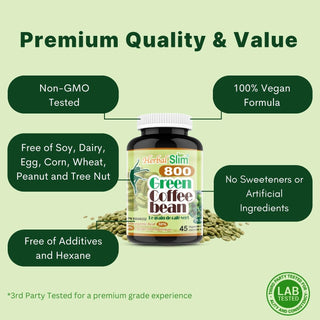 Herbal Slim Green Coffee Bean 800 mg, 50% Chlorogenic Acid, 45 Veggie Capsules - CAFORIA.CA