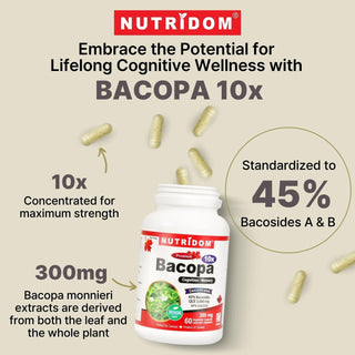 Nutridom Bacopa 10x, Bacopa Concentrate, 300mg (3,000mg QCE), 60Veggie Capsules - CAFORIA.CA