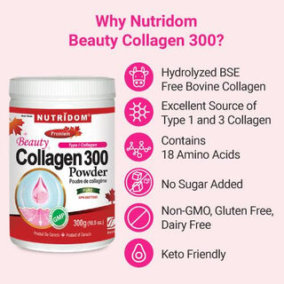 Nutridom Beauty Collagen 300, Hydrolyzed, Type I & III, Powder, Natural Berry Flavoured, 10.5 oz (300 g) - CAFORIA.CA