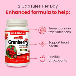 Nutridom Cranberry 25x, Canadian Whole Fruit Concentrate, 500 mg, UTI Support, 120 Veggie Capsules - 3 PACK - CAFORIA.CA