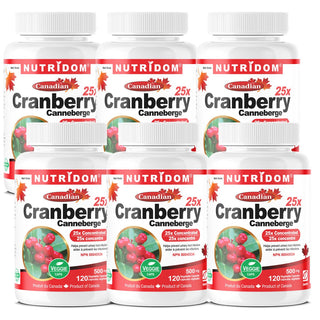 Nutridom Cranberry 25x, Canadian Whole Fruit Concentrate, 500 mg, UTI Support, 120 Veggie Capsules - 6 PACK - CAFORIA.CA