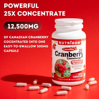 Nutridom Cranberry 25x, Canadian Whole Fruit Concentrate, 500 mg, UTI Support, 120 Veggie Capsules - CAFORIA.CA