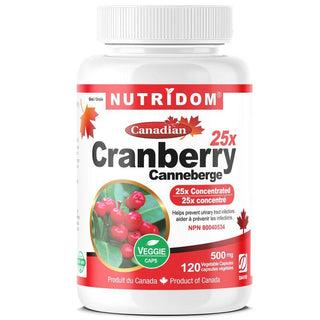 Nutridom Cranberry 25x, Canadian Whole Fruit Concentrate, 500 mg, UTI Support, 120 Veggie Capsules - CAFORIA.CA