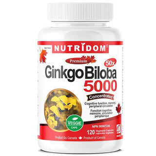 Nutridom Ginkgo Biloba 5000, 100 mg, 24% Flavones Glycoside & 6% Terpene Lactones, 120 Veggie Capsules - CAFORIA.CA