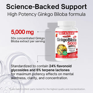 Nutridom Ginkgo Biloba 5000, 100 mg, 24% Flavones Glycoside & 6% Terpene Lactones, 120 Veggie Capsules - CAFORIA.CA