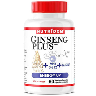 Nutridom Ginseng Plus Energy Up with Panax Ginseng, Vitamin B3, B6, B12 and Taurine, 60 Veggie Capsules - CAFORIA.CA