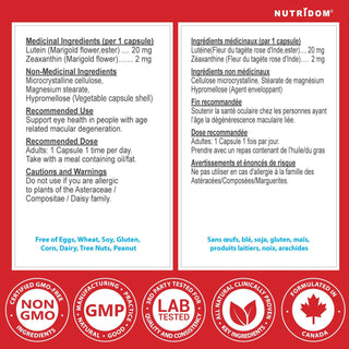 Nutridom Lutein with Zeaxanthin, 20 mg + 2 mg, 60 Veggie Capsules - CAFORIA.CA