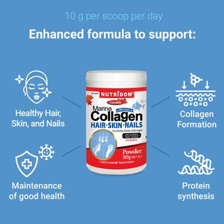 Nutridom Marine Collagen Peptides Powder, Hyrolyzed, with Vitamin C, Biotin and Silicon, Powder, Unflavoured, 10.7 oz (303 g) - CAFORIA.CA