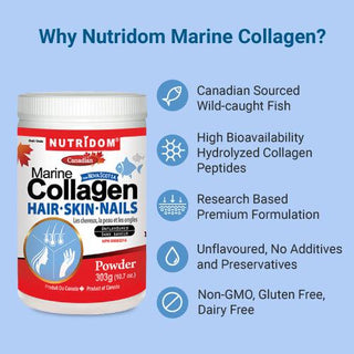 Nutridom Marine Collagen Peptides Powder, Hyrolyzed, with Vitamin C, Biotin and Silicon, Powder, Unflavoured, 10.7 oz (303 g) - CAFORIA.CA