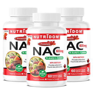 Nutridom NAC, N - Acetyl - L - Cysteine, 600 mg, 120 Veggie Capsules - 3 PACK - CAFORIA.CA