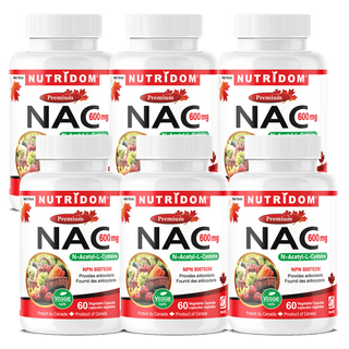 Nutridom NAC, N - Acetyl - L - Cysteine, 600 mg, 120 Veggie Capsules - 6 PACK - CAFORIA.CA