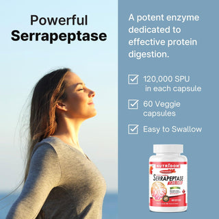 Nutridom Serrapeptase 120,000 SPU, 60 mg, 60 Veggie Capsules - CAFORIA.CA