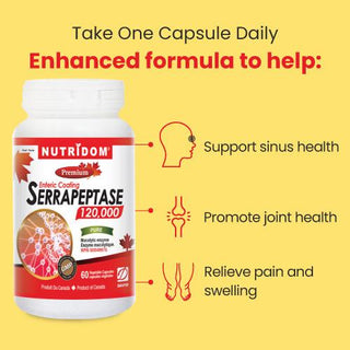 Nutridom Serrapeptase 120,000 SPU, 60 mg, 60 Veggie Capsules - 3 PACK - CAFORIA.CA