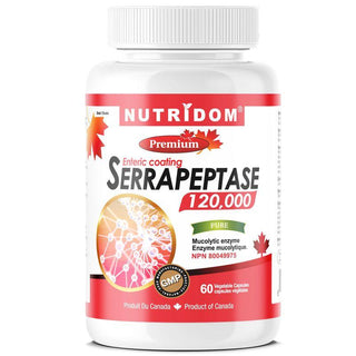 Nutridom Serrapeptase 120,000 SPU, 60 mg, 60 Veggie Capsules - CAFORIA.CA