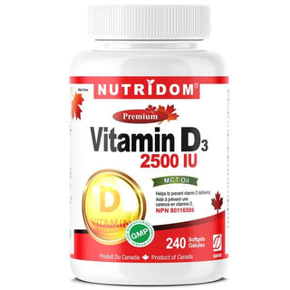 Nutridom Vitamin D3 (Cholecalciferol) with MCT Oil, 62.5 mcg (2500 IU), 240 Softgels - CAFORIA.CA