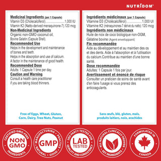 Nutridom Vitamin D3 + K2 with Coconut Oil, 300 Softgels - CAFORIA.CA