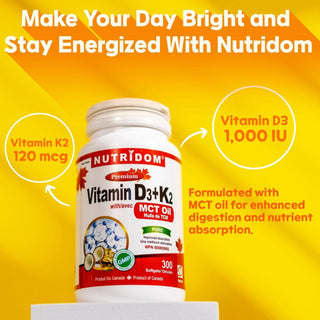 Nutridom Vitamin D3 + K2 with MCT Oil, 300 Softgels - CAFORIA.CA