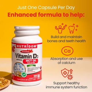 Nutridom Vitamin D3 with MCT Oil, 25 mcg (1,000 IU ), Cholecalciferol, 500 Softgels - CAFORIA.CA