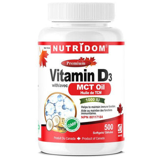 Nutridom Vitamin D3 with MCT Oil, 25 mcg (1,000 IU ), Cholecalciferol, 500 Softgels - CAFORIA.CA