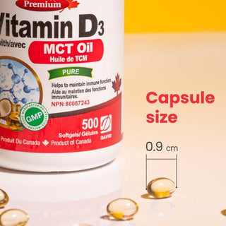 Nutridom Vitamin D3 with MCT Oil, 25 mcg (1,000 IU ), Cholecalciferol, 500 Softgels - CAFORIA.CA