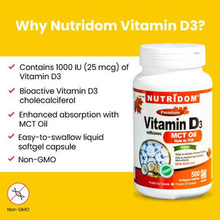 Nutridom Vitamin D3 with MCT Oil, 25 mcg (1,000 IU ), Cholecalciferol, 500 Softgels - CAFORIA.CA