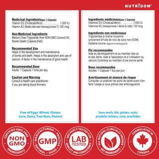 Nutridom Vitamin D3+K2 with MCT Oil 120 Softgels - CAFORIA.CA