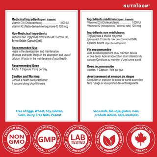 Nutridom Vitamin D3+K2 with MCT Oil 120 Softgels - CAFORIA.CA