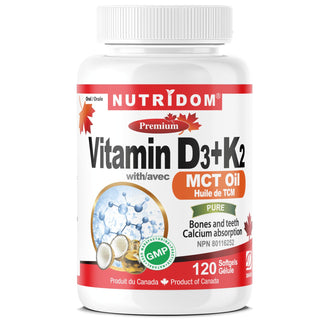 Nutridom Vitamin D3+K2 with MCT Oil 120 Softgels - CAFORIA.CA