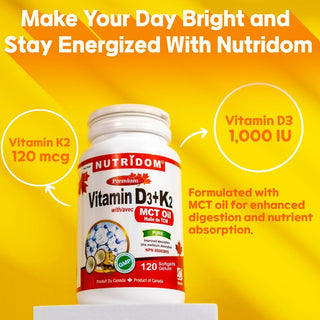 Nutridom Vitamin D3+K2 with MCT Oil 120 Softgels - 3Pack - CAFORIA.CA