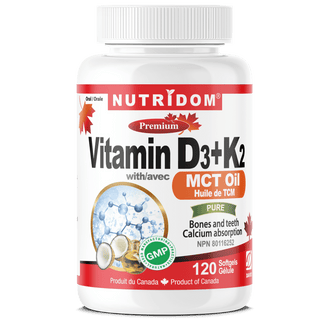 Nutridom Vitamin D3+K2 with MCT Oil 120 Softgels - CAFORIA.CA