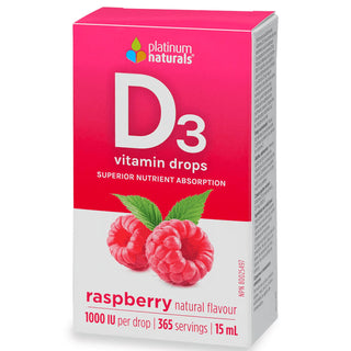 Platinum Naturals Vitamin D3 Drops 1000 IU 15ml Raspberry Flavour - CAFORIA.CA