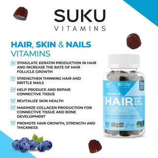 SUKU Vitamins Hair, Skin and Nails Multivitamin Gummies, Sugar Free, Keto, 2500mcg Biotin, Collagen, Silicon, Natural Gummy Vitamins for Healthy Skin and Hair Growth for Women and Men (60 Count) - CAFORIA.CA