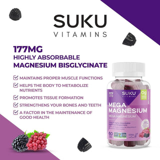 Suku Vitamins - Mega Magnesium Gummies for Muscle Function, Gummy Vitamins with 177mg of Magnesium Bisglycinate, Sugar - and - Gluten - Free, Non - Gmo, 60 Counts - CAFORIA.CA