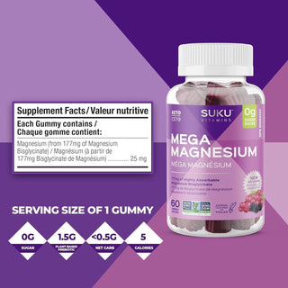 Suku Vitamins - Mega Magnesium Gummies for Muscle Function, Gummy Vitamins with 177mg of Magnesium Bisglycinate, Sugar - and - Gluten - Free, Non - Gmo, 60 Counts - CAFORIA.CA