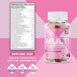 SUKU Vitamins Teen Girl Gummies – Sugar Free Vegetarian Gummy Vitamins Supplement with 19 Essential Nutrients Strengthens Bones, Muscles, Enhances Energy & Skin Health – Cherry Flavour (60 Count) - CAFORIA.CA