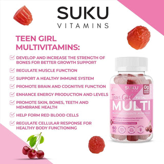 SUKU Vitamins Teen Girl Gummies – Sugar Free Vegetarian Gummy Vitamins Supplement with 19 Essential Nutrients Strengthens Bones, Muscles, Enhances Energy & Skin Health – Cherry Flavour (60 Count) - CAFORIA.CA